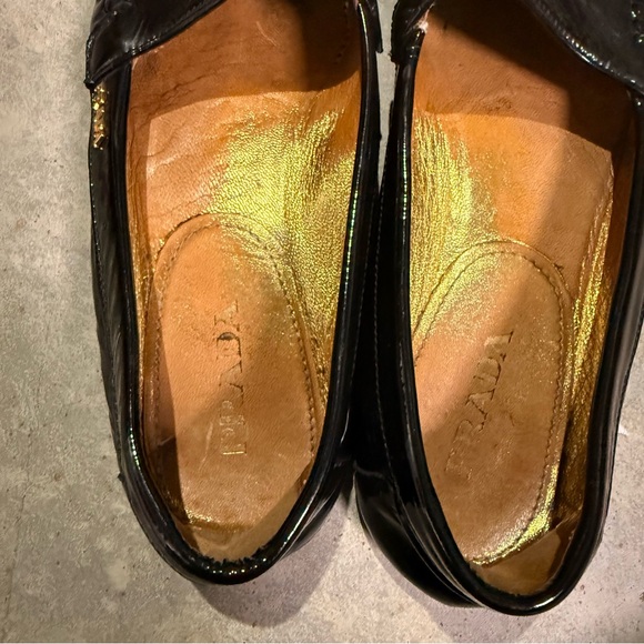 Prada Patent Leather Moccasin Driving Loafers Black Flats Gold Logo Designer 6.5 - Picture 5 of 9
